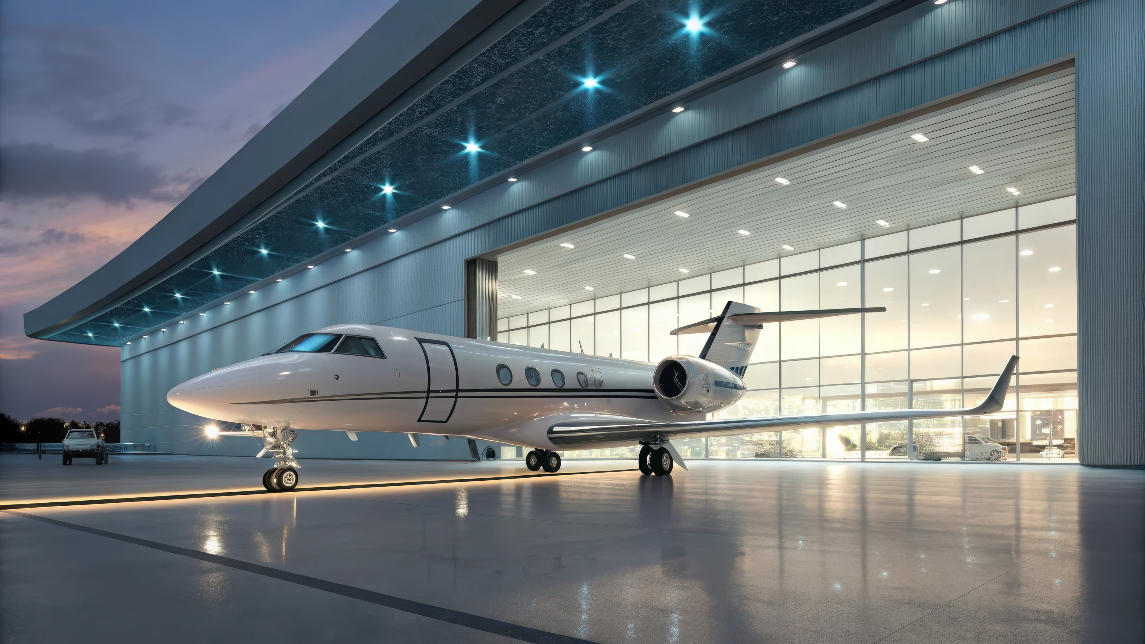 A sleek private jet parked outside a modern hangar, illuminated by soft lighting at dusk, showcasing luxury and sophistication in aviation.
