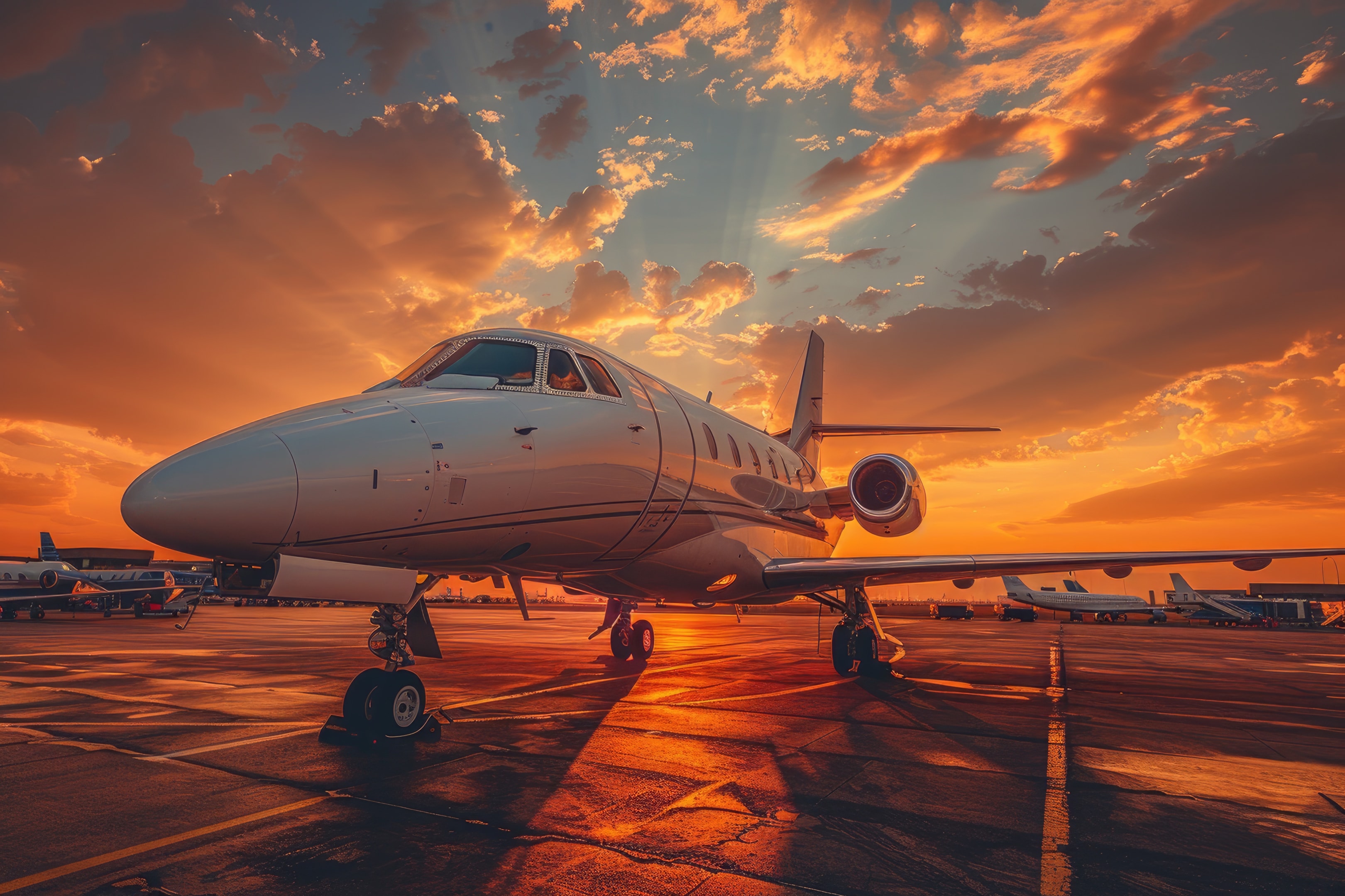 a private modern and special jet standing on airfield with best sunlight professional photography