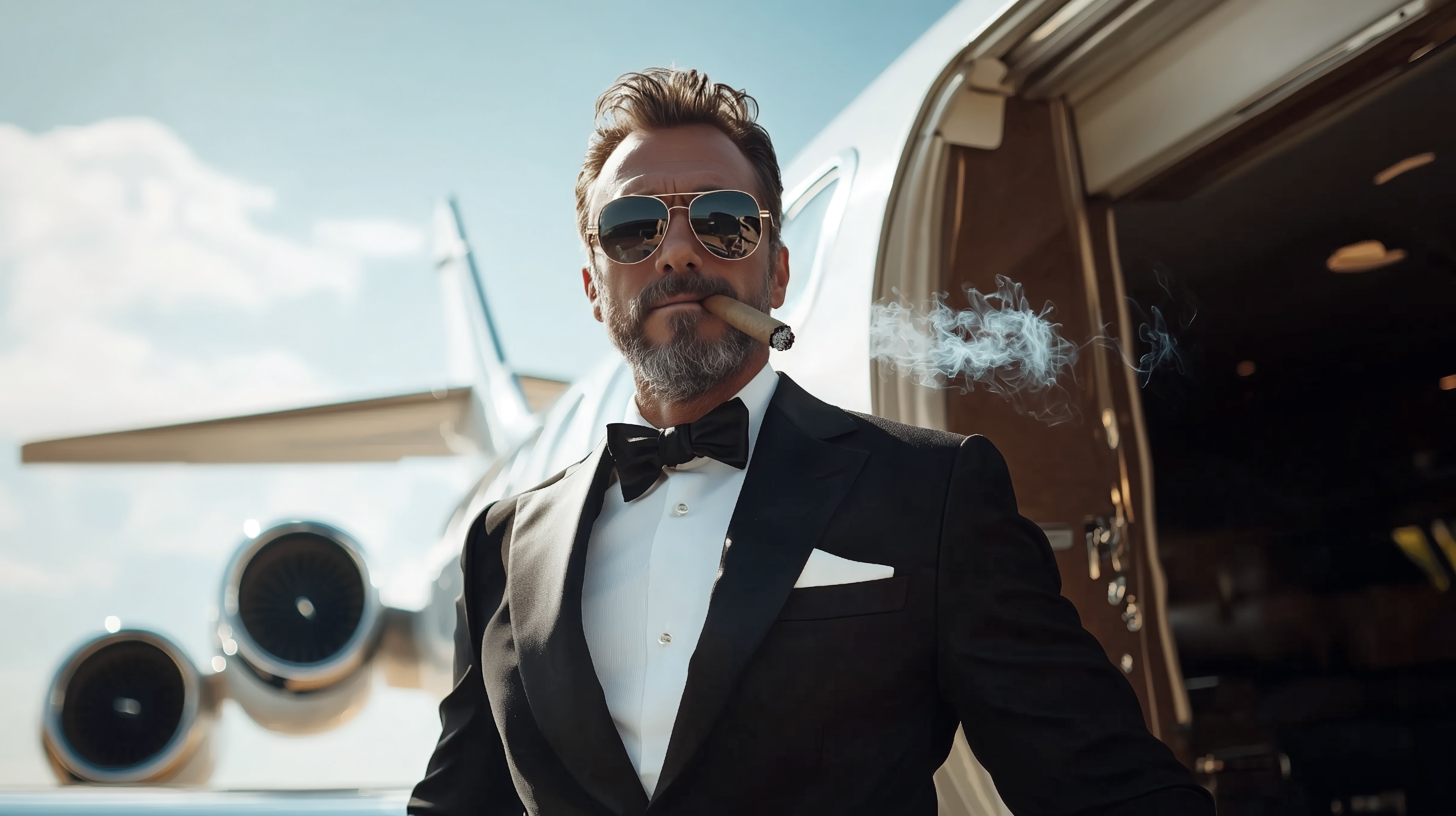 A wealthy man in a sharp tuxedo steps confidently out of a private jet, smoking a cigar.