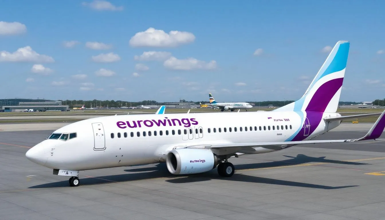 An image of a Eurowings aircraft parked at an airport terminal, showcasing the airline's branding and colors. The scene captures the busy atmosphere of travelers checking flight schedules and boarding passes, with a focus on the convenience of mobile travel management and the benefits of frequent flyer programs.
