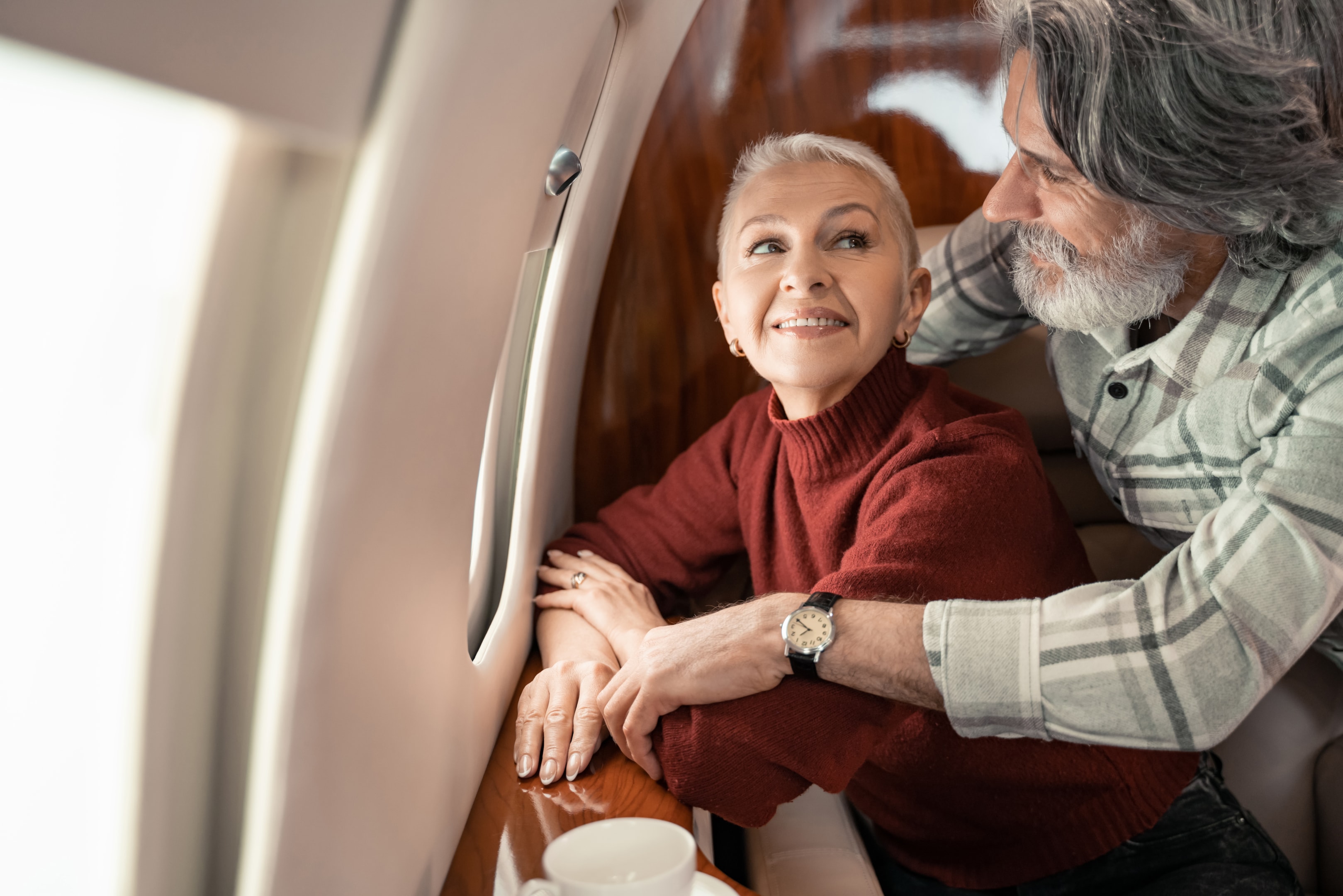 A happy couple inside the aircraft