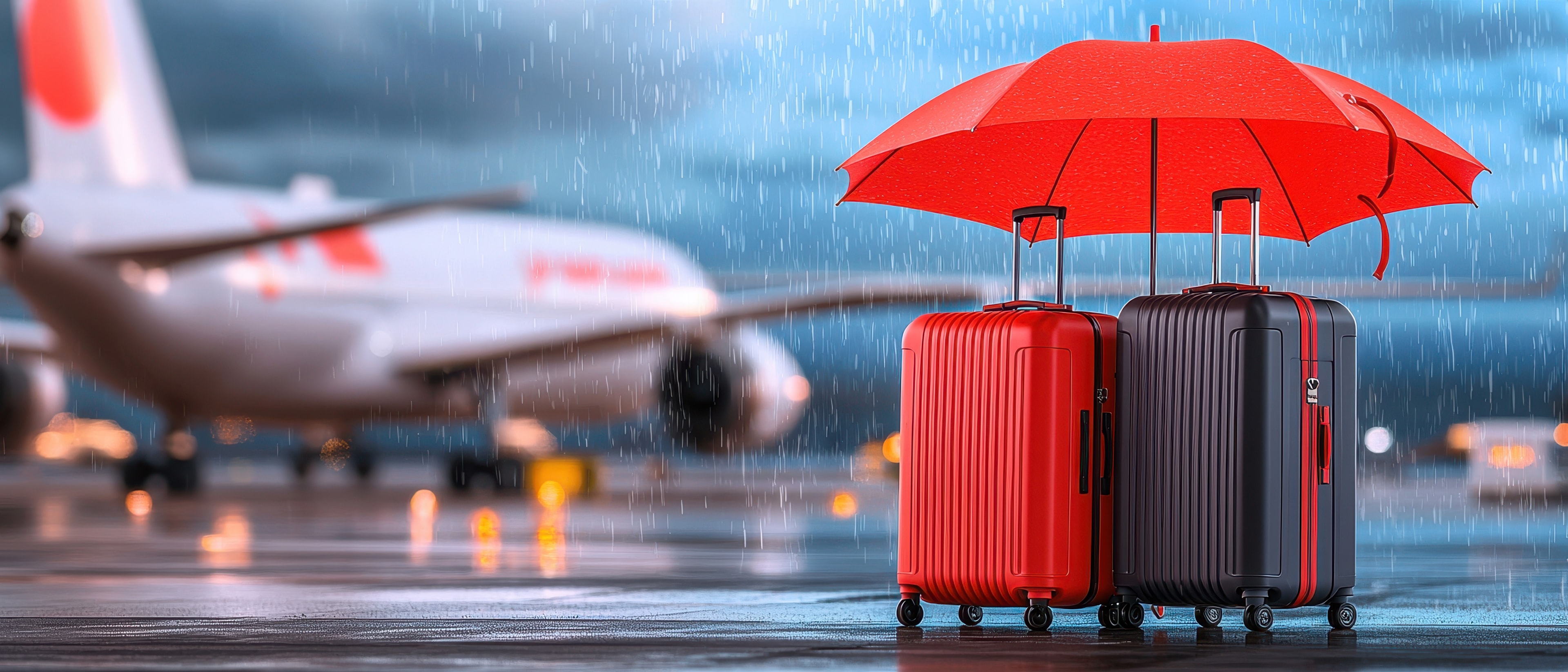 Luggages and an umbrella with an airplane in the background