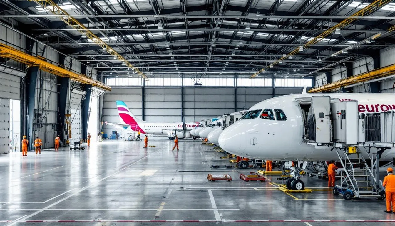 The image depicts the Eurowings fleet centers, showcasing various terminals where passengers can manage their flights, check flight statuses, and access important functions like mobile travel management and online check-in. It highlights the convenience of easy booking and the benefits of a personalized myeurowings account for frequent flyers.