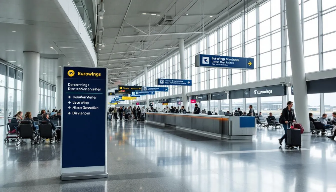 The image depicts the bustling interior of a Eurowings airport terminal, featuring digital displays showing flight schedules and statuses, along with passengers checking in at various counters. There are signs indicating gates and boarding areas, creating a vibrant atmosphere filled with travelers preparing for their flights.