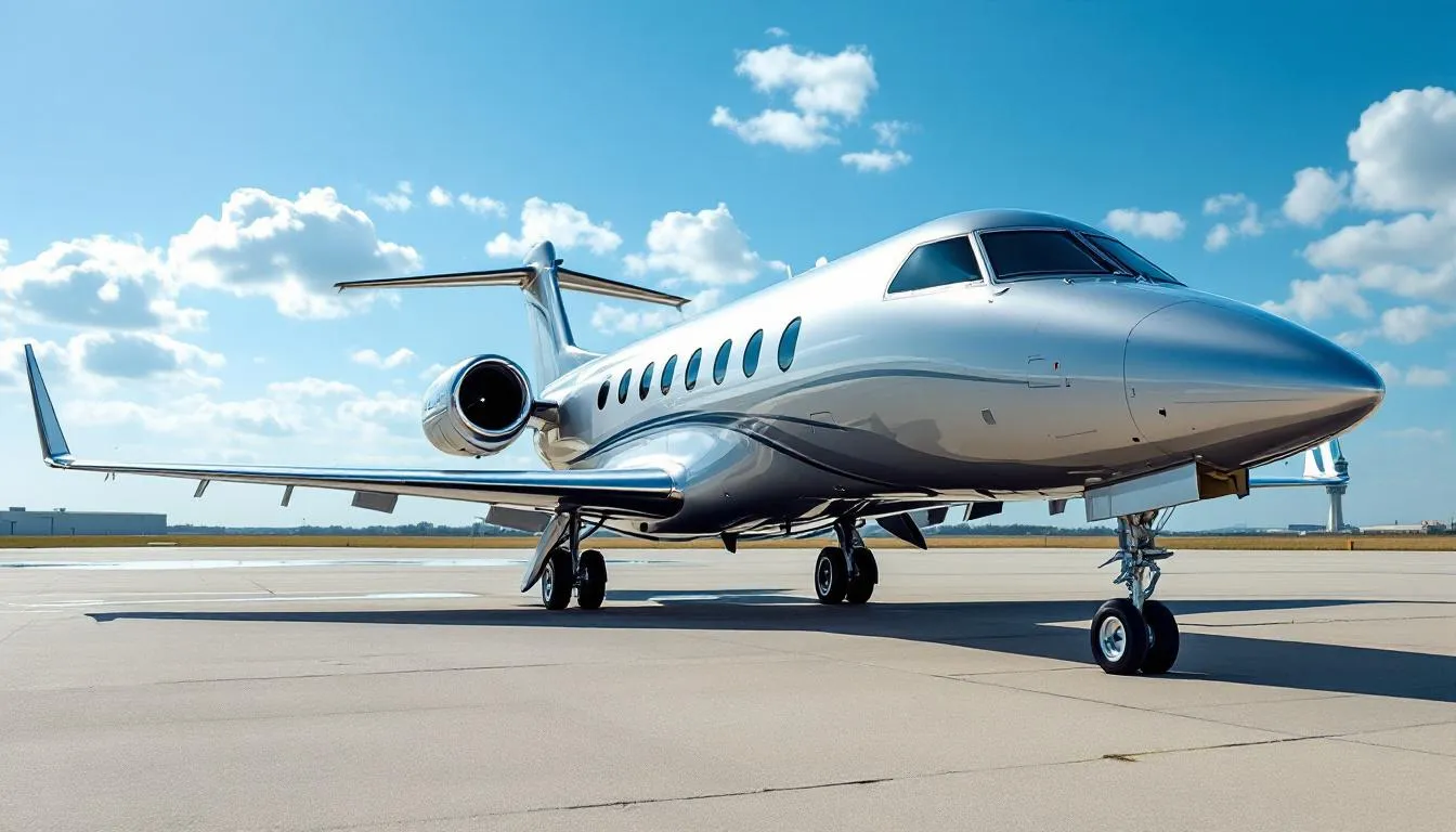 The image showcases a sleek business jet on a runway, emphasizing the elegance and efficiency of private aviation. This modern aircraft, designed for comfort and speed, represents the luxury of business jets that cater to discerning travelers.