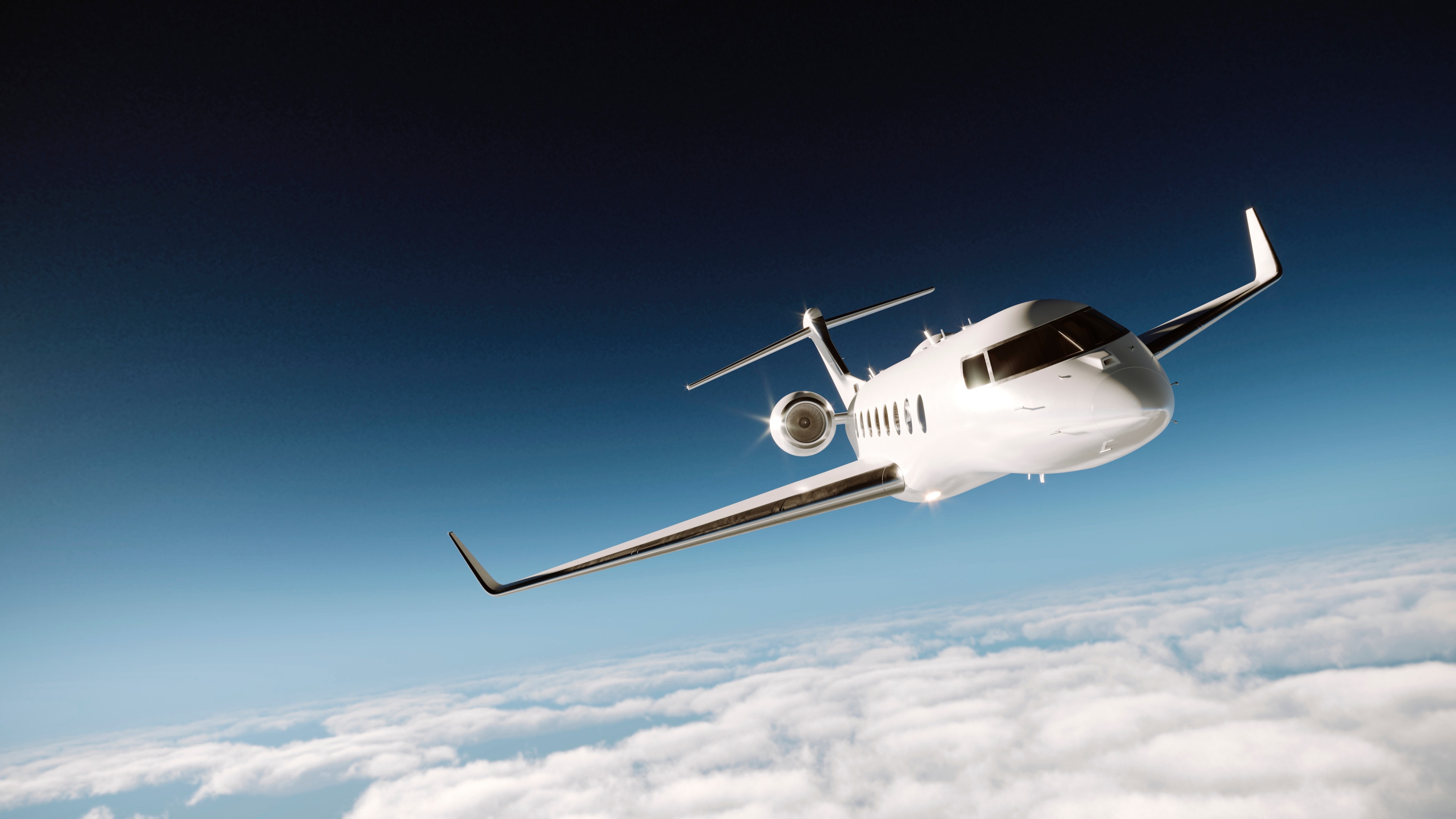 Realistic photo of a white, luxury generic design private jet flying over the earth's surface.