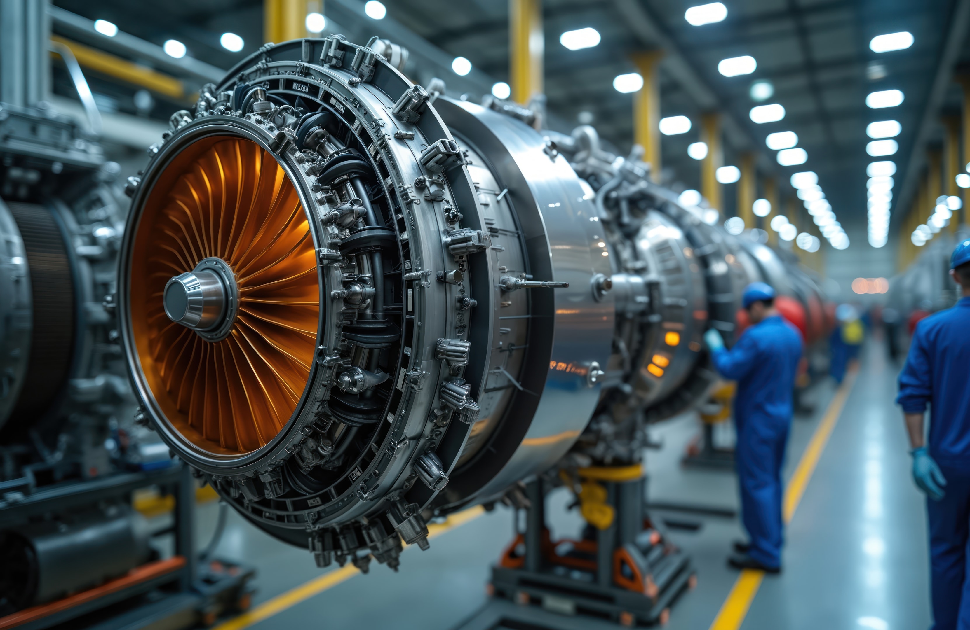 Jet engine assembly process in aerospace manufacturing facility.