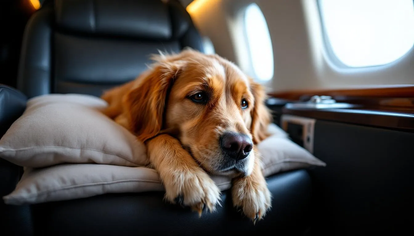 A golden retriever is lounging comfortably in the plush cabin of a private jet, surrounded by luxurious leather seats, showcasing a stress-free environment for pets during their private flight. This scene highlights the benefits of flying private, ensuring the well-being and comfort of beloved furry companions on their journey.