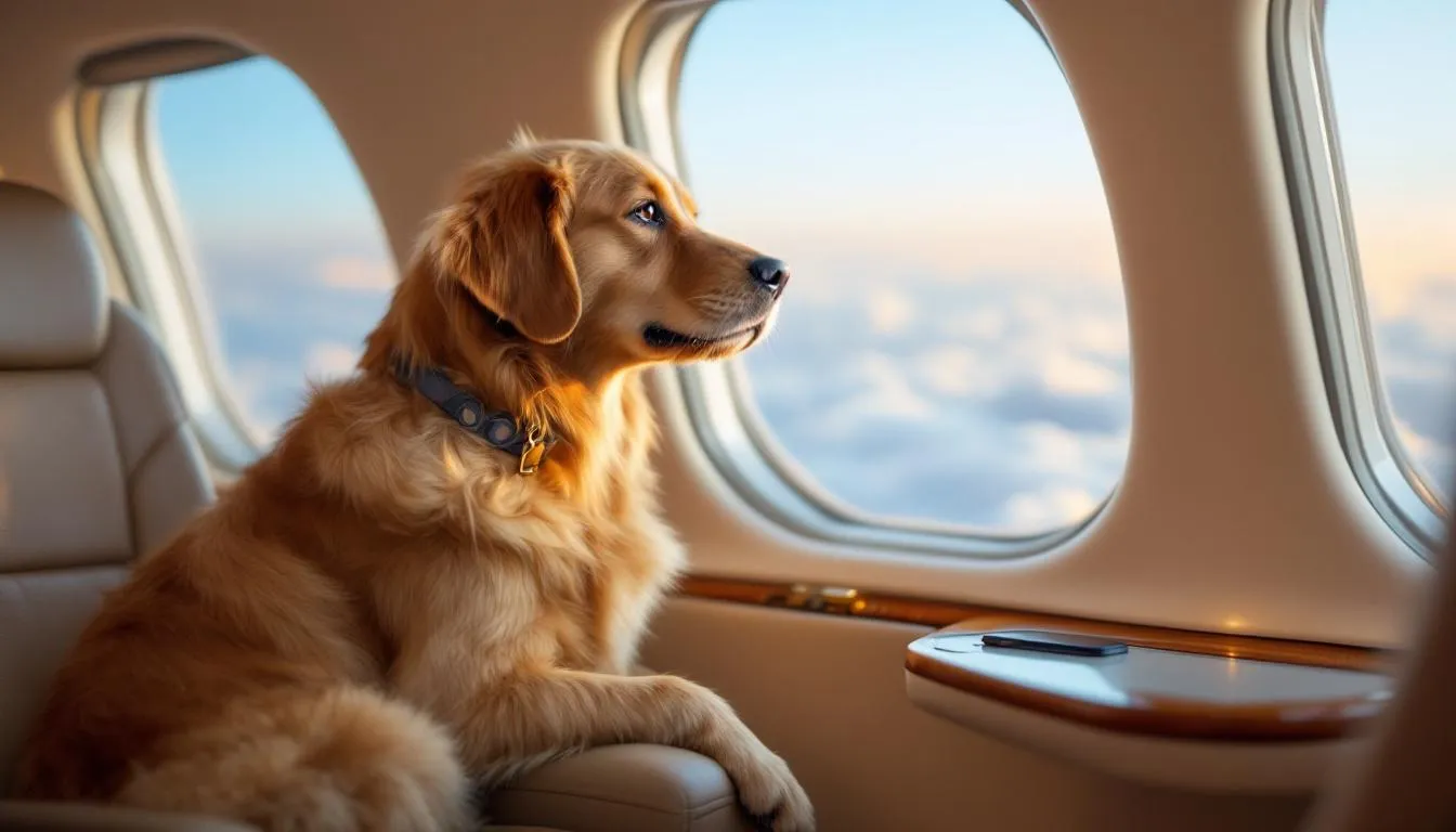 A large dog is peering out of a private jet window, enjoying a safe and comfortable journey while seated in luxurious surroundings. The image captures the essence of pet-friendly private air travel, highlighting the comfort and special amenities available for beloved companions during their flights.
