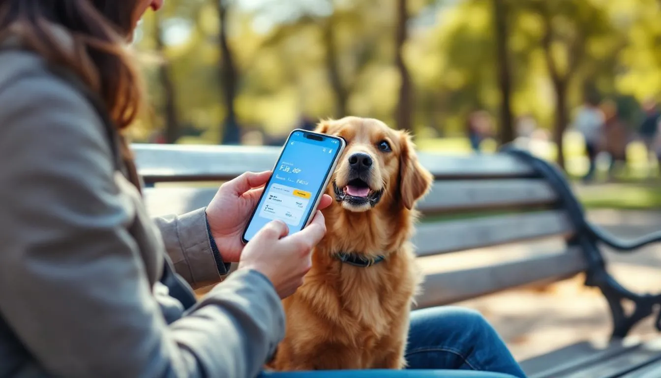 A pet owner sits with their large dog while using a smartphone app that displays a flight booking interface, highlighting options for pet-friendly private jet flights. This scene emphasizes the ease of arranging a safe and comfortable journey for beloved pets, ensuring a stress-free travel experience.