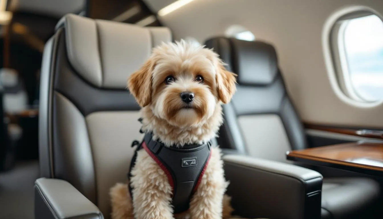 A small dog, securely fastened in a travel harness, sits comfortably in a plush seat of a private jet, showcasing the luxurious experience of pet-friendly air travel. This image highlights the joy of flying private with your beloved furry companion, ensuring a safe and comfortable journey away from crowded airports.