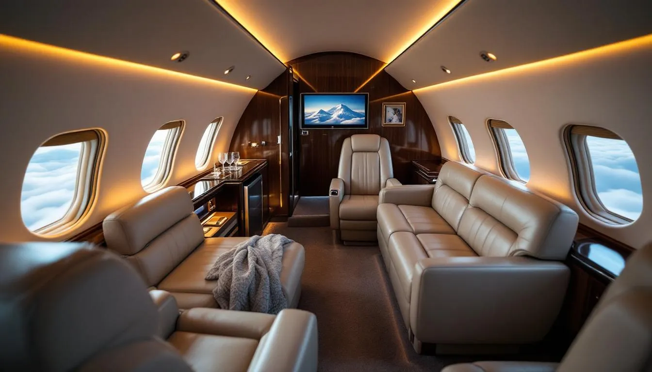 The image depicts a sleek semi-private jet on the tarmac, showcasing the luxury and convenience of semi-private flights. Passengers are boarding the aircraft, highlighting the benefits of cost sharing and the flexibility of private aviation for business trips and travel plans.