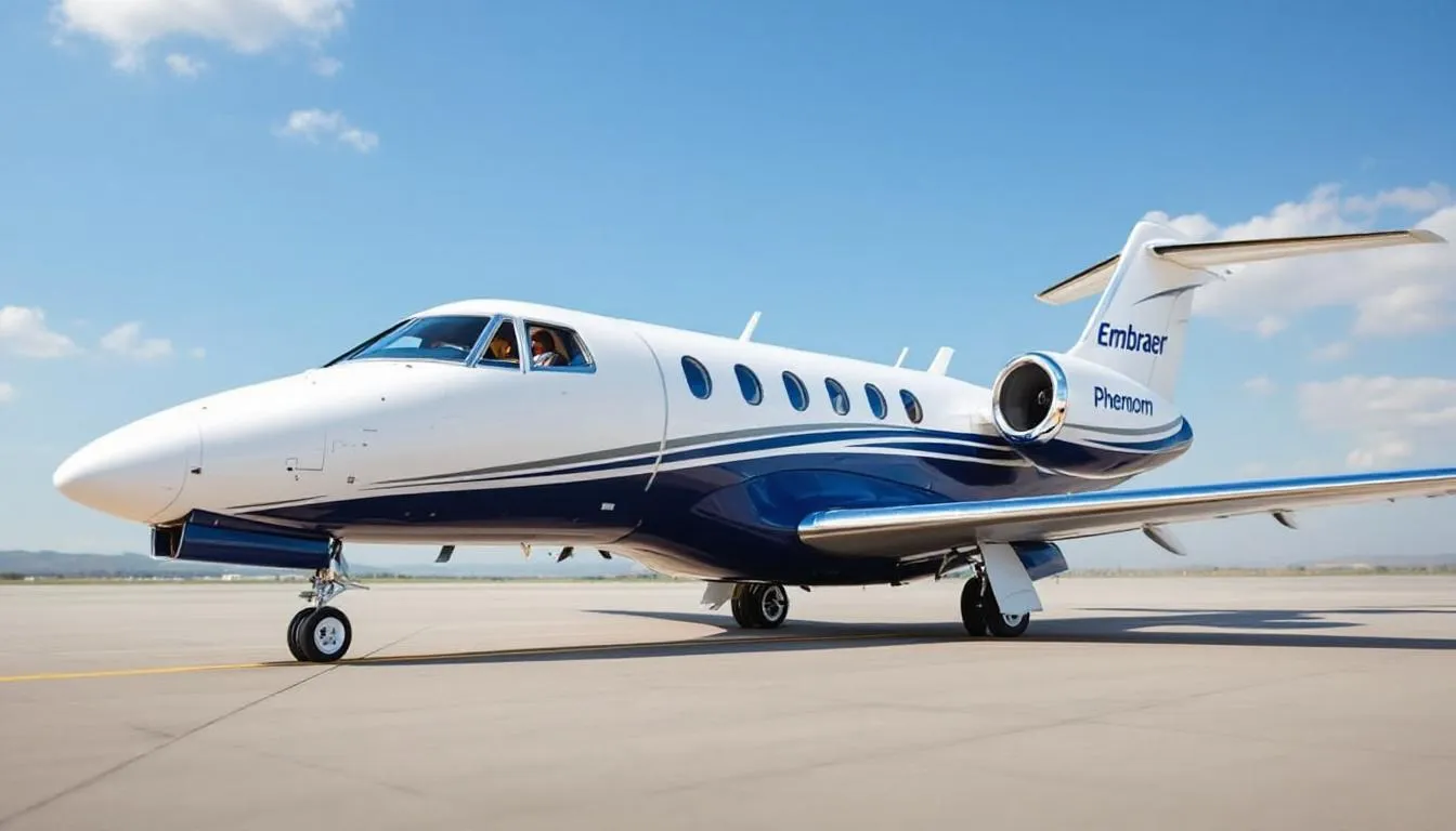 The image features the Embraer Phenom, a luxury private jet designed for family travel, showcasing its spacious cabin with club seating and modern amenities ideal for an enjoyable in-flight experience. This very light jet emphasizes efficiency and comfort, making it a smart choice for families flying private to various destinations.