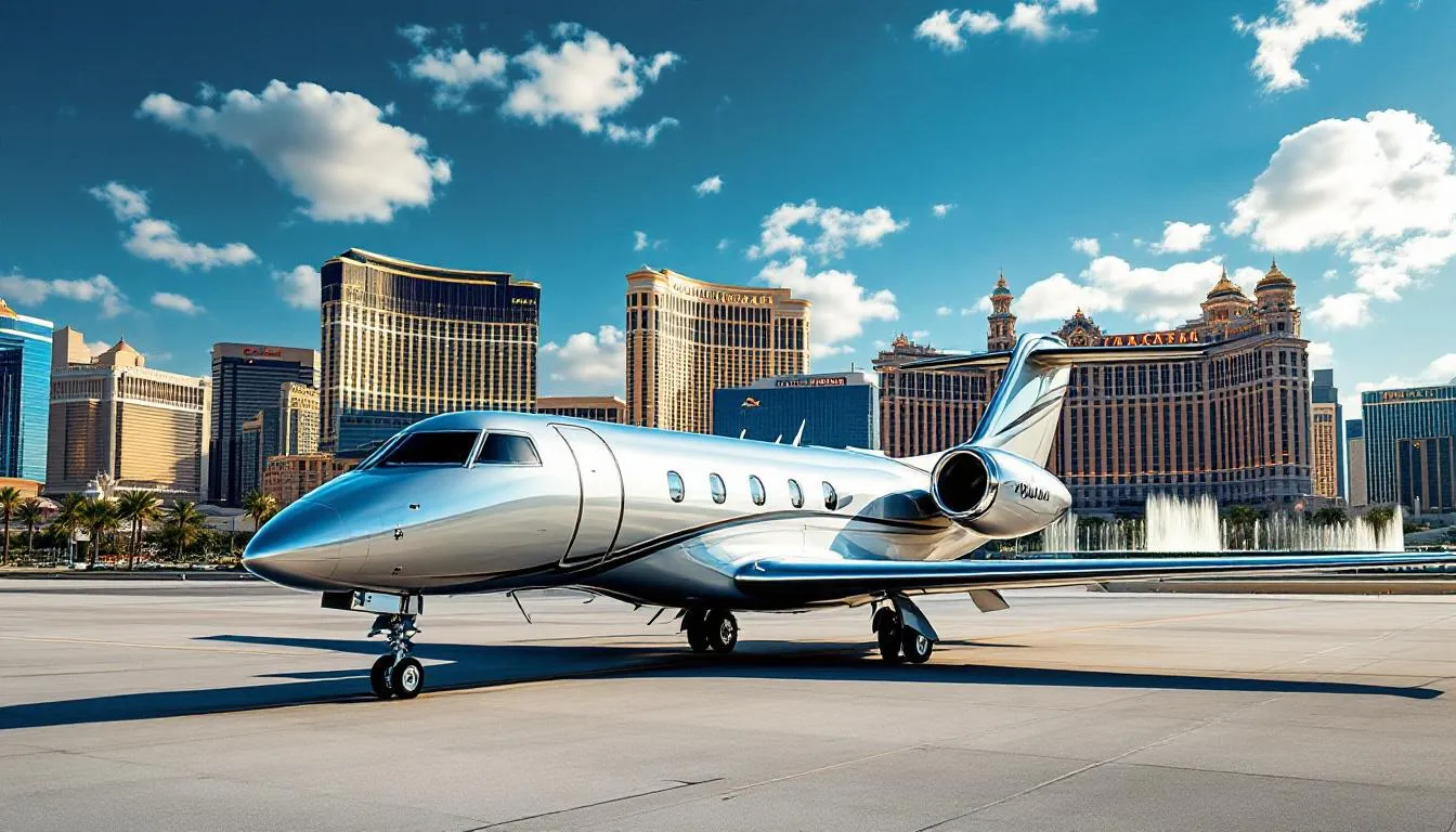 A luxurious private jet is parked on the tarmac with the iconic Las Vegas Strip skyline visible in the background, showcasing the vibrant nightlife and world-class entertainment that the city offers. This scene represents the allure of private jet travel to Las Vegas, a popular destination for business travelers and visitors alike.