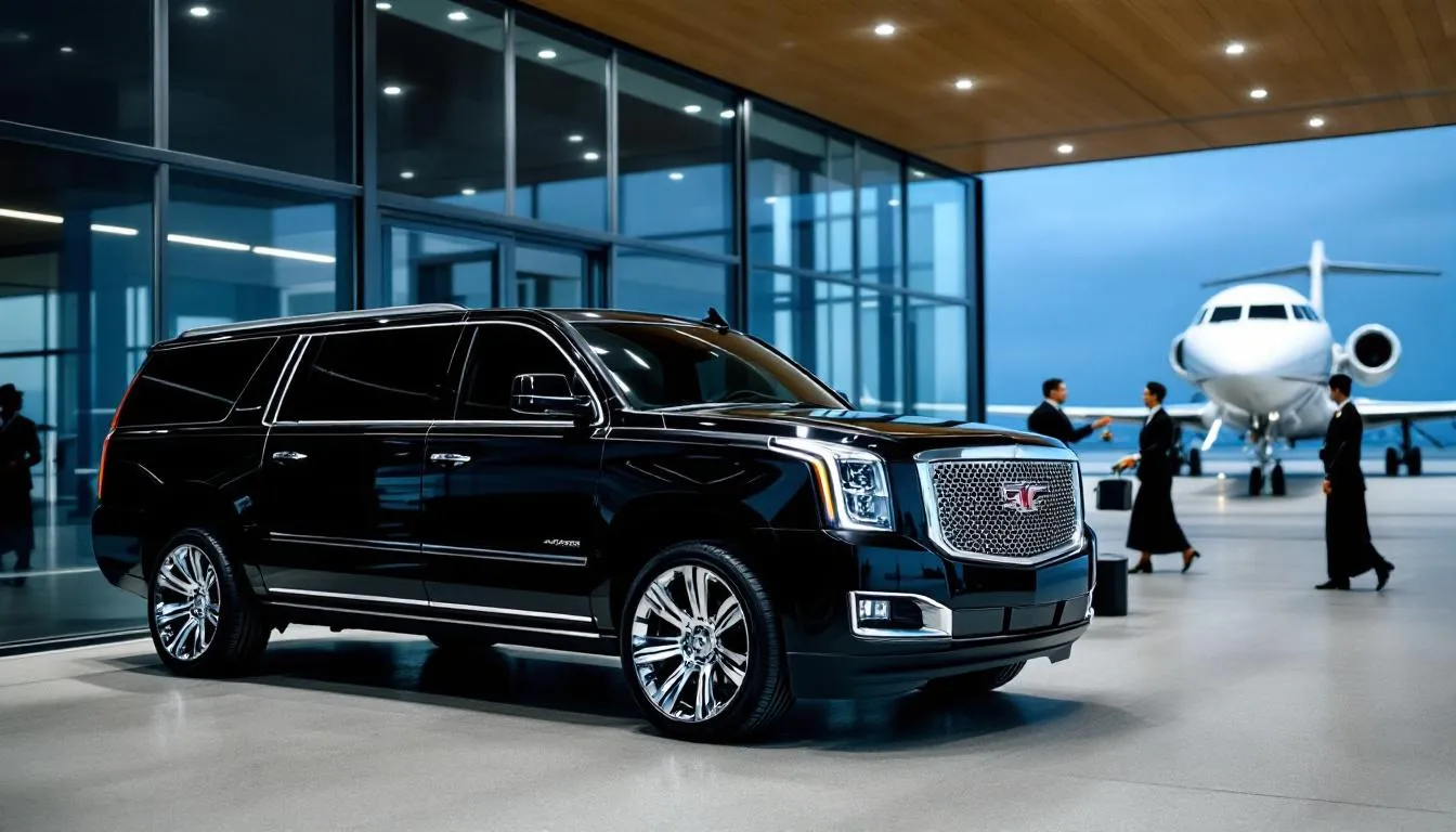 A luxurious private jet terminal is depicted, showcasing sleek private jets ready for travel alongside high-end ground transportation vehicles, emphasizing the opulence of private flights in Las Vegas. This scene captures the essence of private jet travel, catering to business travelers and visitors seeking an upscale experience in the entertainment capital of the world.