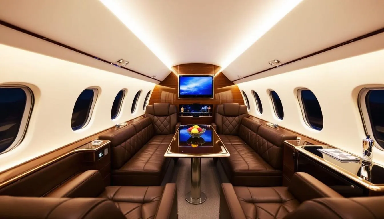 The image depicts the interior of a luxury private jet cabin, featuring plush leather seating and state-of-the-art amenities designed for comfort and style. This elegant space is ideal for travelers seeking a premium experience while flying to popular destinations like Las Vegas.
