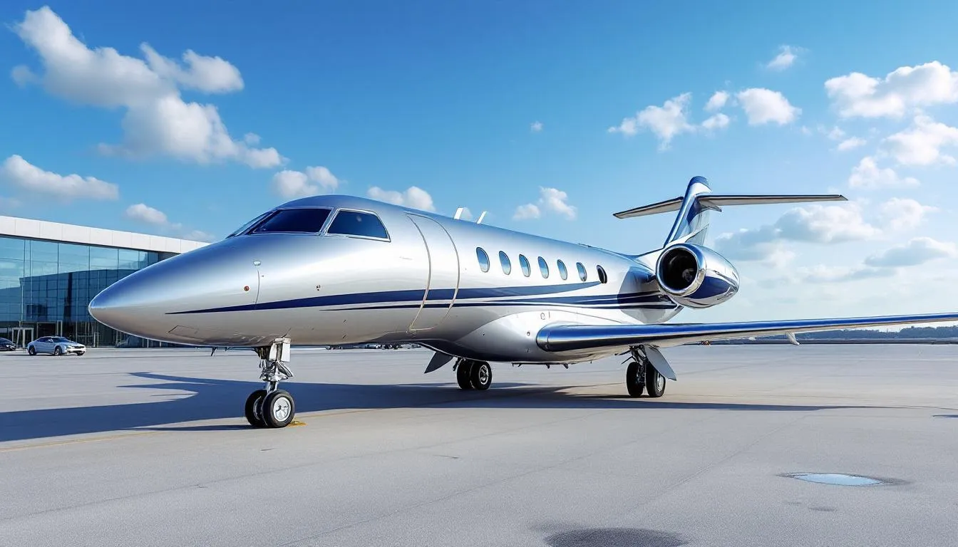 A modern private jet is parked on the tarmac at an executive airport, ready for travelers heading on a luxurious flight from Phoenix to Las Vegas. The sleek aircraft represents a convenient and cost-effective option for small groups looking to enjoy special events in the vibrant city of Las Vegas.
