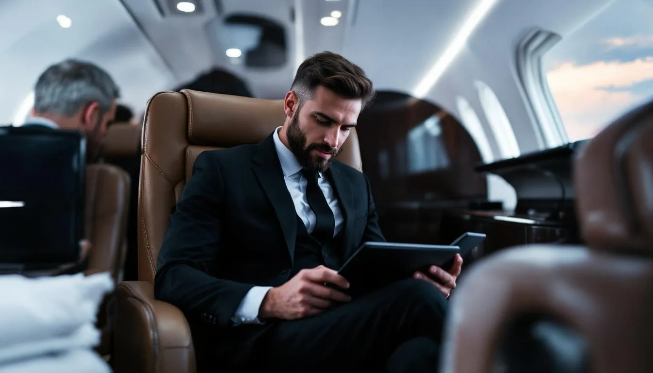 A business executive is focused on using a mobile device to book a private jet charter for a quick hop from Phoenix to Las Vegas. The scene captures the convenience and luxury of private flights, highlighting the executive's journey to the vibrant city of Las Vegas.
