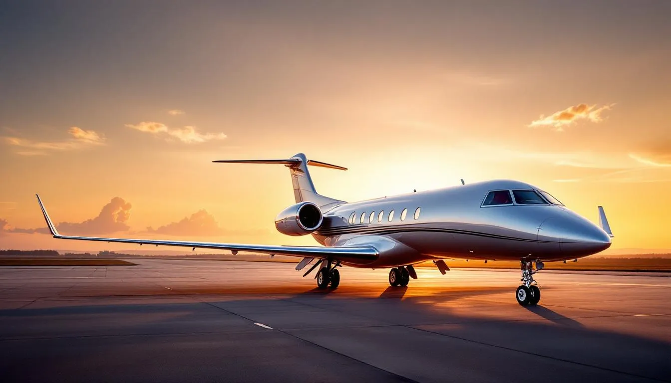A luxurious private jet is parked on the tarmac at sunset, bathed in golden lighting that highlights its sleek design. This spacious aircraft, reminiscent of a flying mansion, features a fully equipped galley and a quiet cabin, perfect for private jet owners seeking comfort and elegance during their travels.