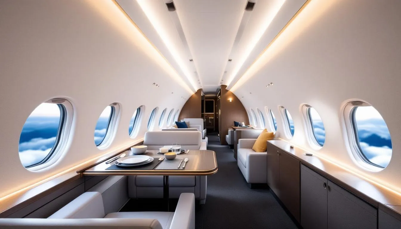 An elegant private jet cabin interior features a spacious dining area with a sleek design and panoramic windows, allowing natural light to fill the luxurious space. This stunning aircraft is perfect for private jet owners seeking a comfortable environment for business meetings or leisure travel.