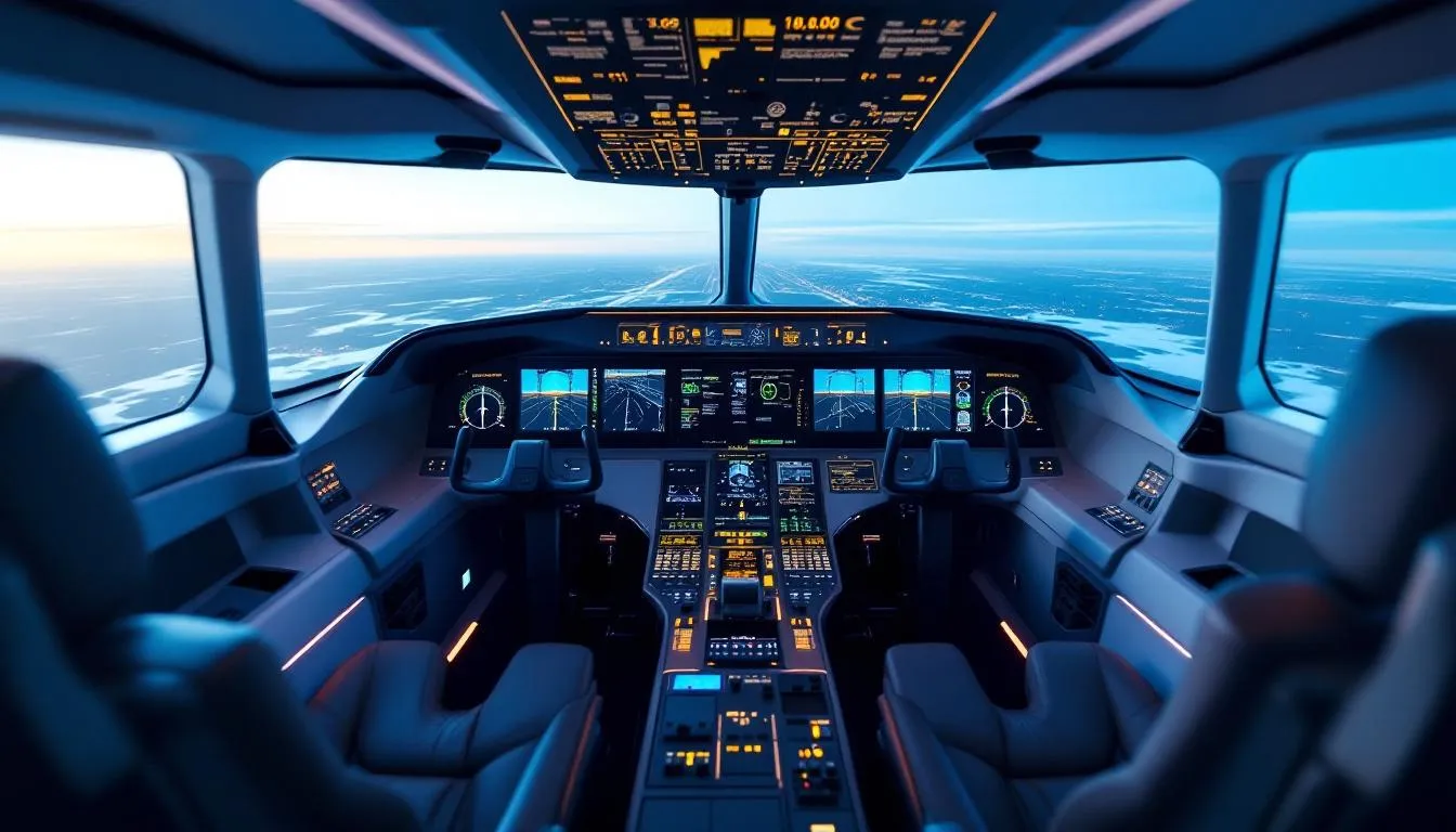 The image depicts a modern cockpit interior of a luxurious private jet, showcasing advanced avionics and multiple touchscreen displays, designed for efficient navigation and control during flights. The sleek design and high-tech features reflect the sophistication expected in business aviation, catering to private jet owners who prioritize comfort and technology in their travel experience.