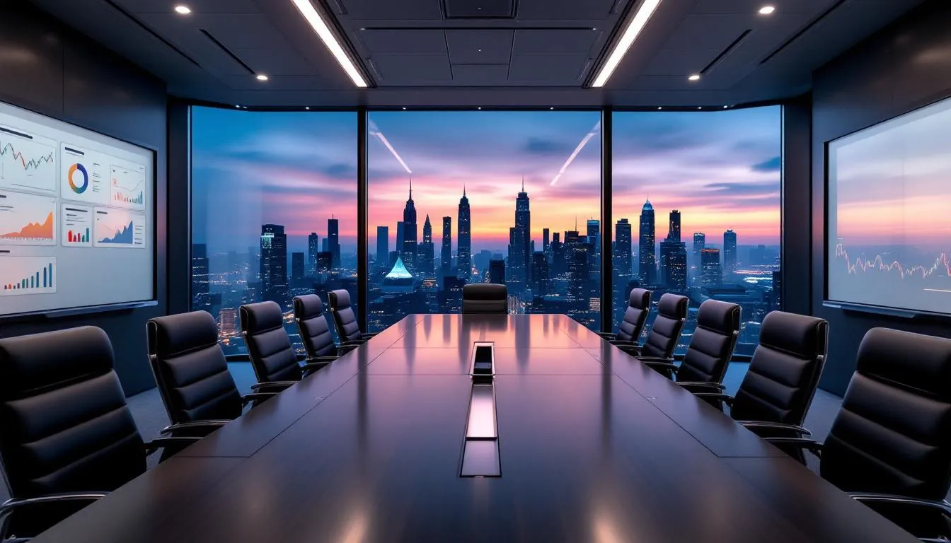 A modern conference room designed for business aviation features large windows that provide ample natural light, a sleek meeting table, and a spacious cabin atmosphere, ideal for private jet owners discussing luxurious private jets and business strategies. The room is equipped with advanced technology, making it perfect for high-level meetings among executives and guests.