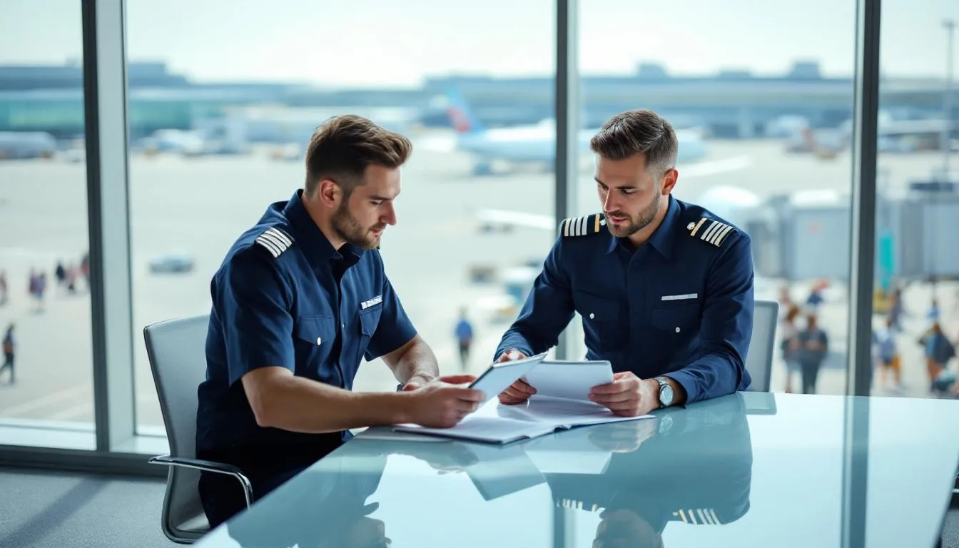Pilots are gathered at a modern airport facility, intently reviewing aircraft documentation, which likely includes details about fractional ownership programs and co-ownership agreements for their fleet of airplanes. The atmosphere is professional, highlighting the importance of thorough planning and management in aviation.