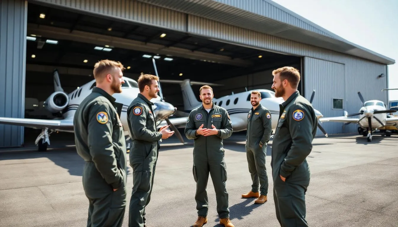 A group of pilots is engaged in a discussion about various aircraft options near a hangar, surrounded by several airplanes, including a Cessna 172. They appear to be considering co-ownership agreements and fractional ownership programs to explore the benefits of sharing the costs and responsibilities of owning an aircraft.