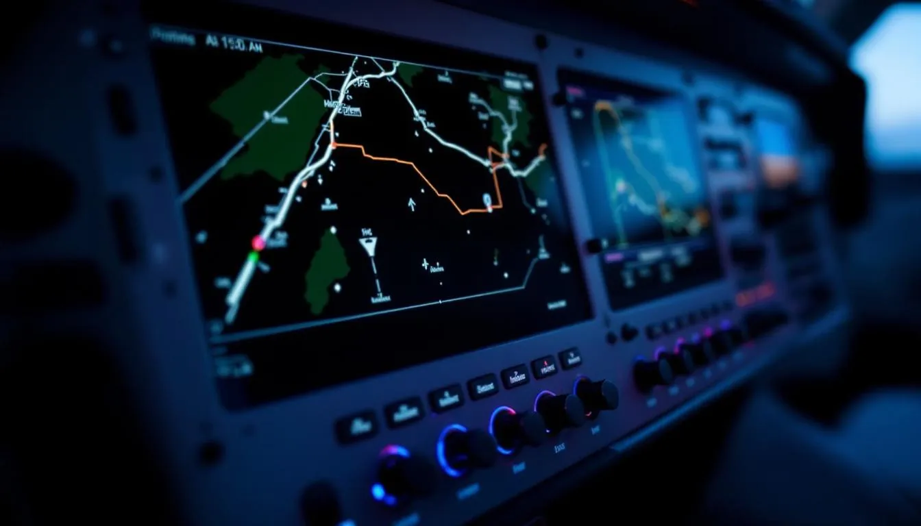The image depicts a modern aircraft avionics panel featuring an array of GPS navigation and autopilot controls, designed for pilots to easily manage their flight. The sleek interface showcases various buttons and displays that enhance navigation efficiency and ensure safe flying experiences.