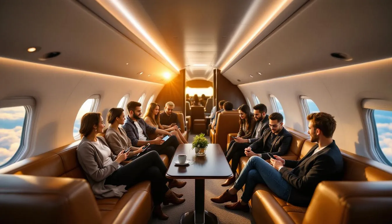 A sleek private jet is shown in the sky, representing the concept of private jet rideshare, where regular people can access private flights at a more affordable cost. The image captures the essence of private aviation, highlighting the convenience and accessibility of shared flights for travelers looking to enjoy the skies.