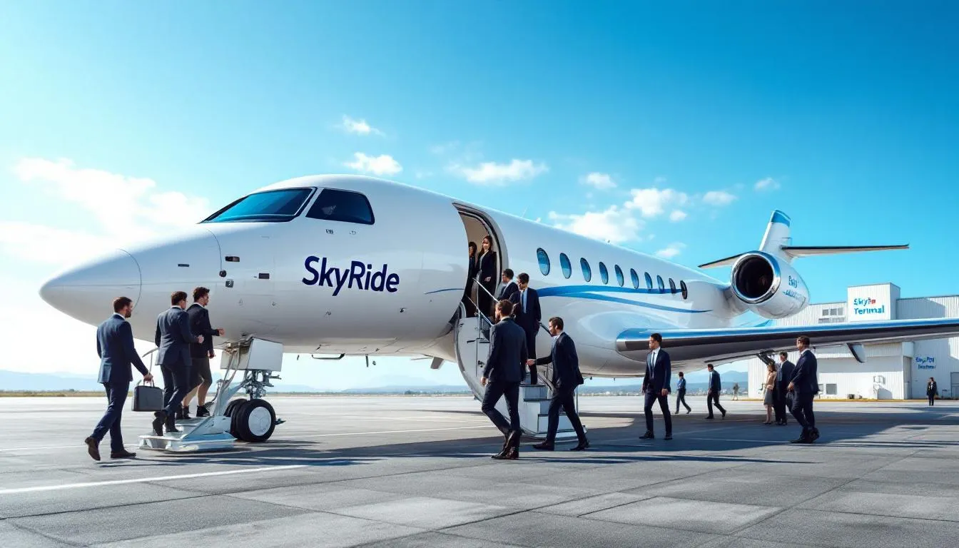 An illustration depicting the concept of private plane rideshare, showcasing a sleek private jet soaring through clear blue skies, symbolizing the future of air travel. The image emphasizes accessibility and affordability, highlighting the growing trend of regular people enjoying private flights through shared flights and convenient booking apps.