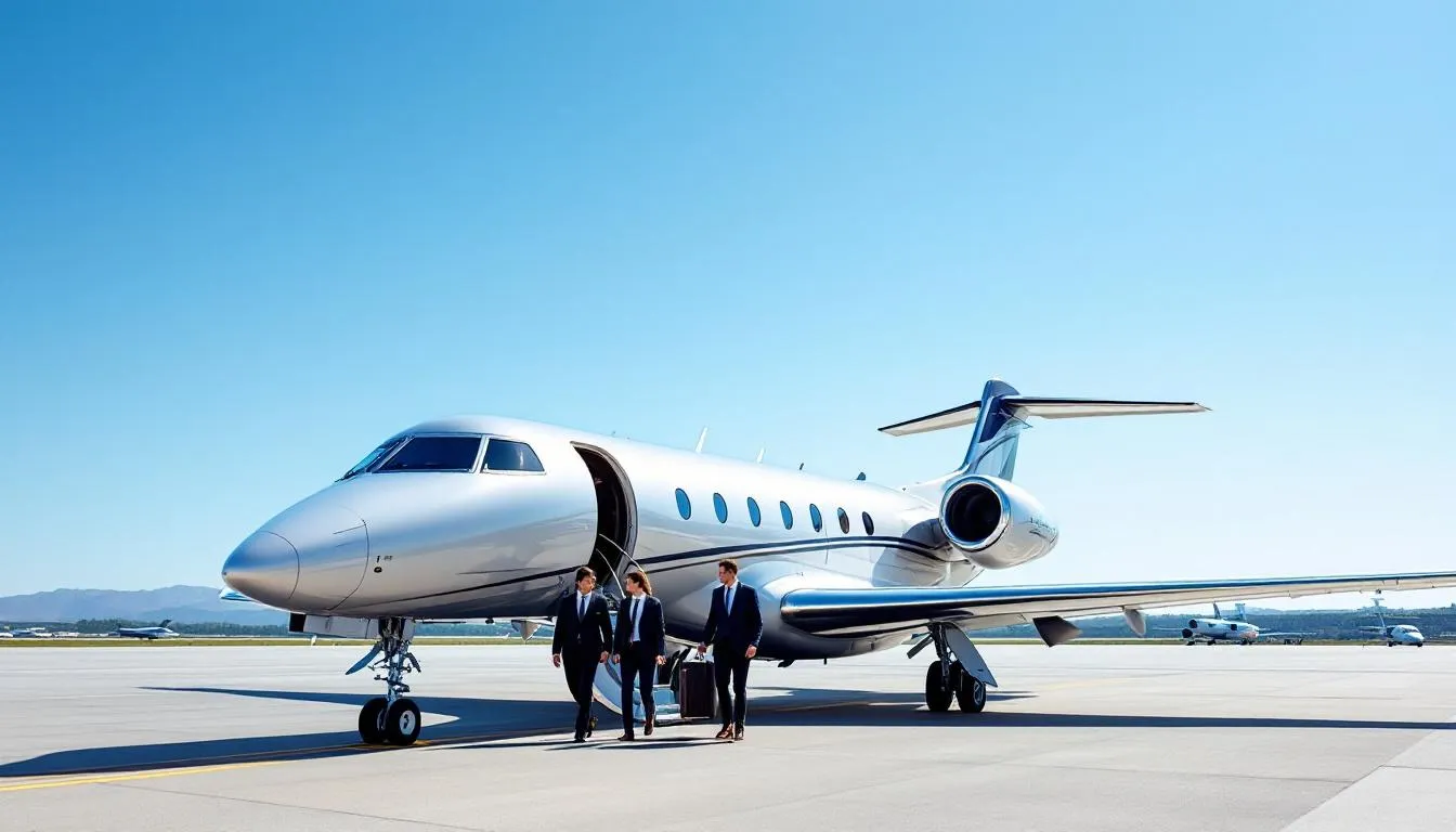 A sleek private jet is parked on an airport tarmac, showcasing its elegant design and spacious cabin, symbolizing the luxury of private aviation. The image highlights the concept of private jet rental costs and the exclusive experience of flying private, appealing to travelers seeking comfort and convenience in their journeys.