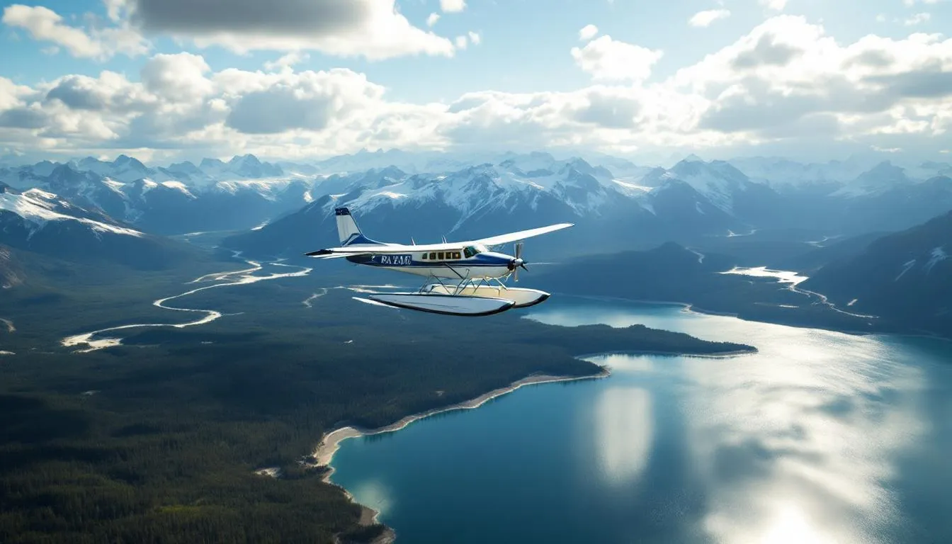 An aerial view of Denali National Park showcases its breathtaking landscapes, featuring the towering peaks of the Alaska Range and the vast Alaskan wilderness, ideal for charter flights. This image highlights the natural beauty of the park, a popular destination for private aircraft and flightseeing tours, catering to various charter needs and itineraries.