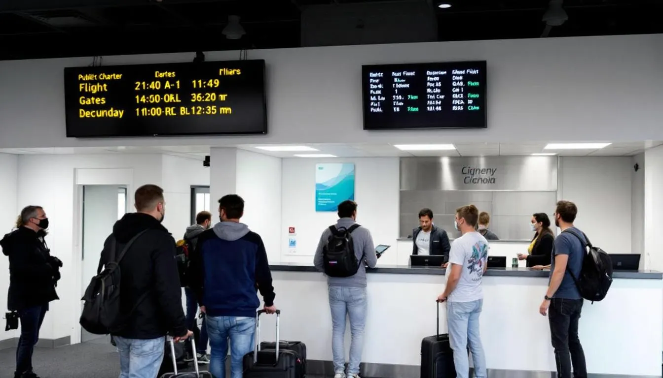 In the image, a group of travelers is seen boarding a private charter flight at a small airport terminal, showcasing the convenience of public charter flights compared to crowded commercial airports. The scene highlights the personalized experience of flying on a chartered flight, where passengers can enjoy a more relaxed atmosphere and avoid long security lines.