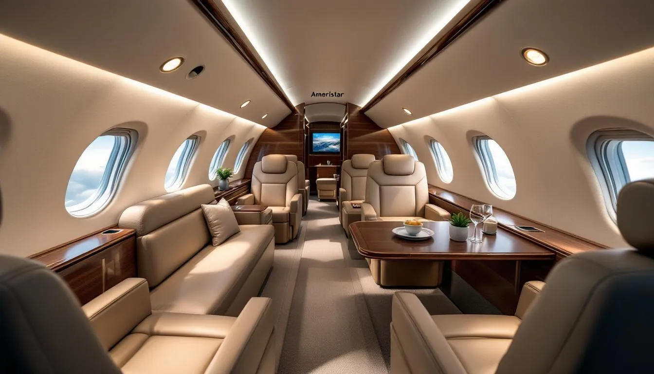 The image depicts an Ameristar Private Jet Charter aircraft at Willow Run Airport, showcasing its sleek fuselage and modern design. The scene highlights the company's commitment to providing efficient air transportation services for passengers and cargo, emphasizing its role as a leading provider in the jet charter industry.