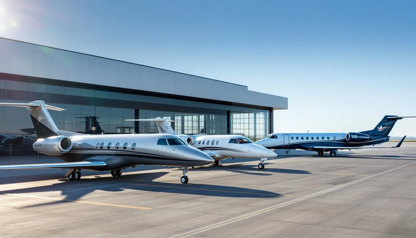 The image showcases a variety of private jets, including very light jets, mid-size jets, and ultra long-range jets, all designed for luxury private aviation and business travel. Each aircraft features spacious cabins and advanced technology, catering to small groups and specialized missions, with an emphasis on comfort and efficiency for private jet travel.