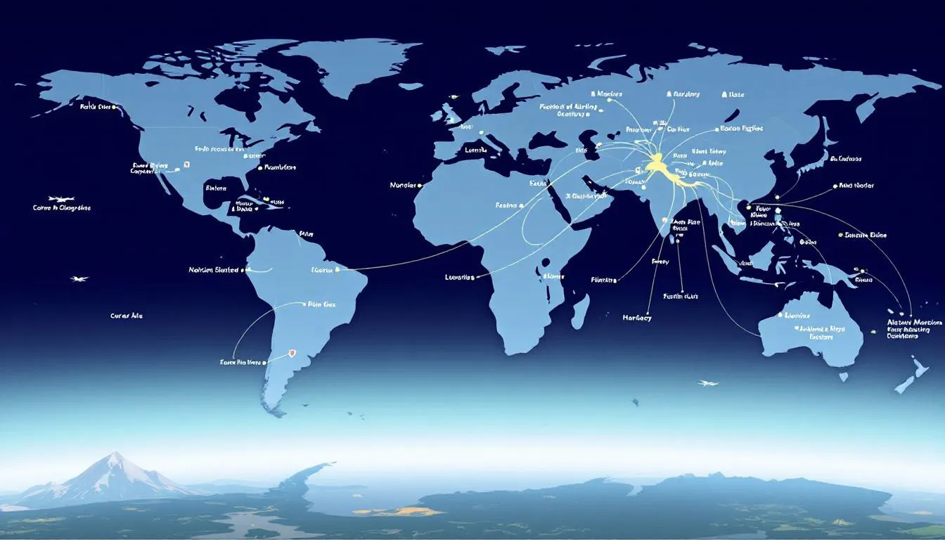 An informative graphic displays various charter flight routes and the corresponding departure and arrival airports, illustrating the network of public charter operators and their air transportation options. The image highlights the flexibility of charter flights, including on-demand services and round trips, catering to individual and large group travelers.