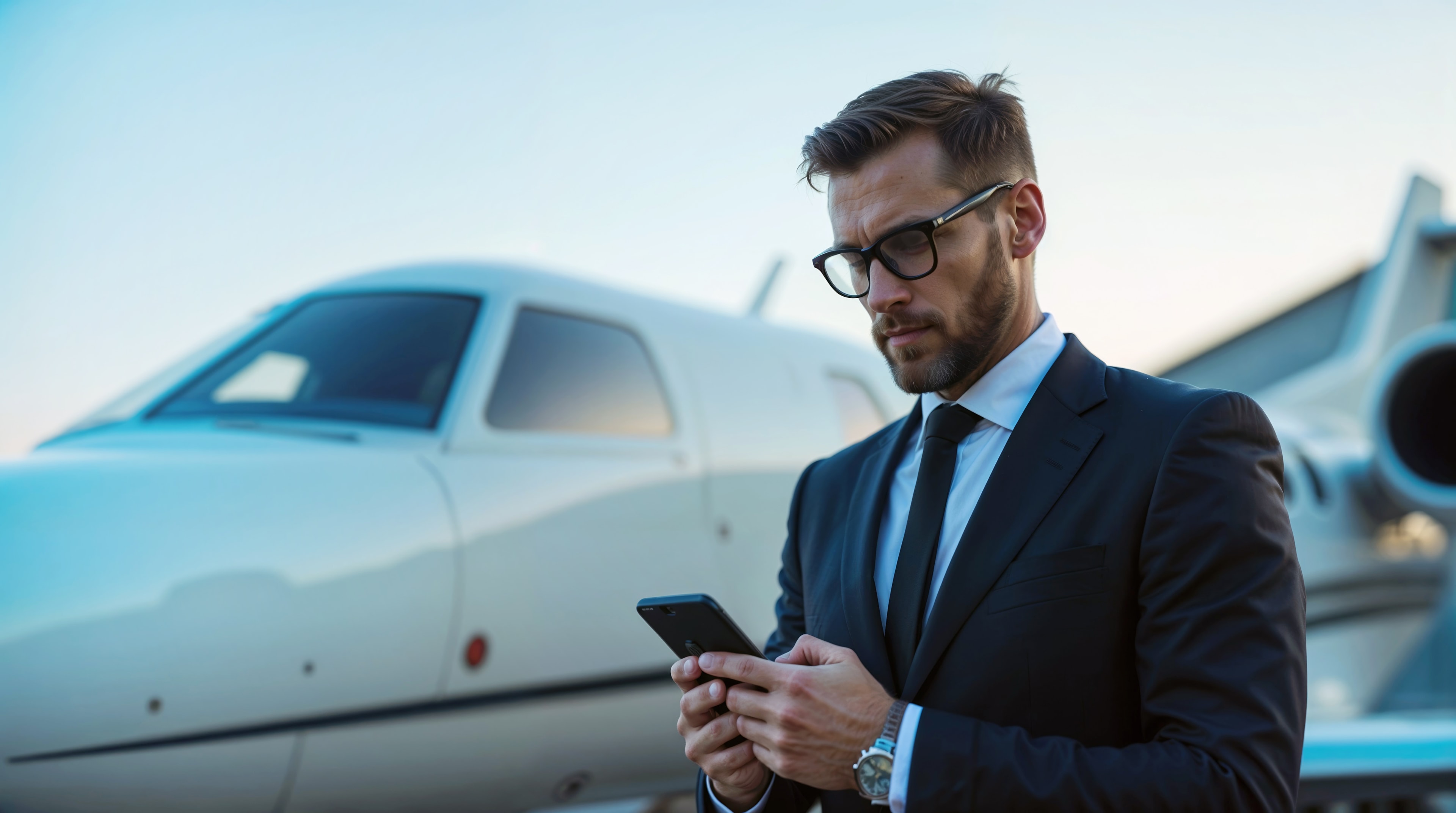 businessman looking at smartphone against background of private jet
