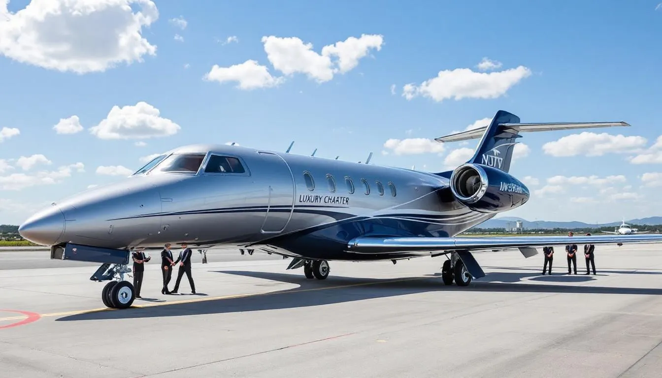 A sleek private jet is parked at Louis Airport, showcasing the luxurious and inviting amenities that come with aircraft charter services. This image highlights the essence of private aircraft charter, emphasizing remarkable customer care and the total aviation solution provided by Aero Charter Inc.