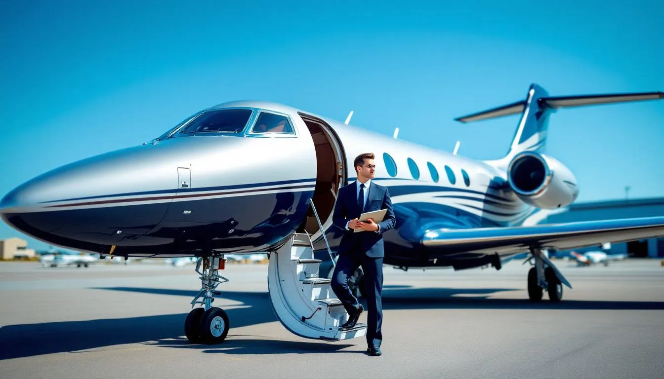 A sleek private jet is parked at a modern fixed base operator facility, showcasing luxurious and inviting amenities for travelers. This aircraft charter service, known for its remarkable customer care, offers a total aviation solution for those seeking a premium flying experience.