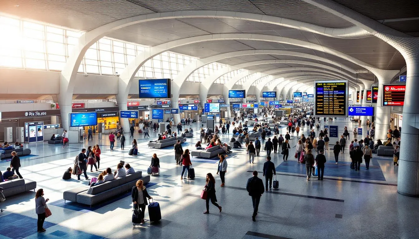 An aerial view of an aviation airport in San Diego, showcasing the spacious ramp parking and various hangars along Montgomery Dr. The image highlights Crownair's commitment to excellent service, featuring aircraft ready for departure and line staff members providing exceptional customer service.