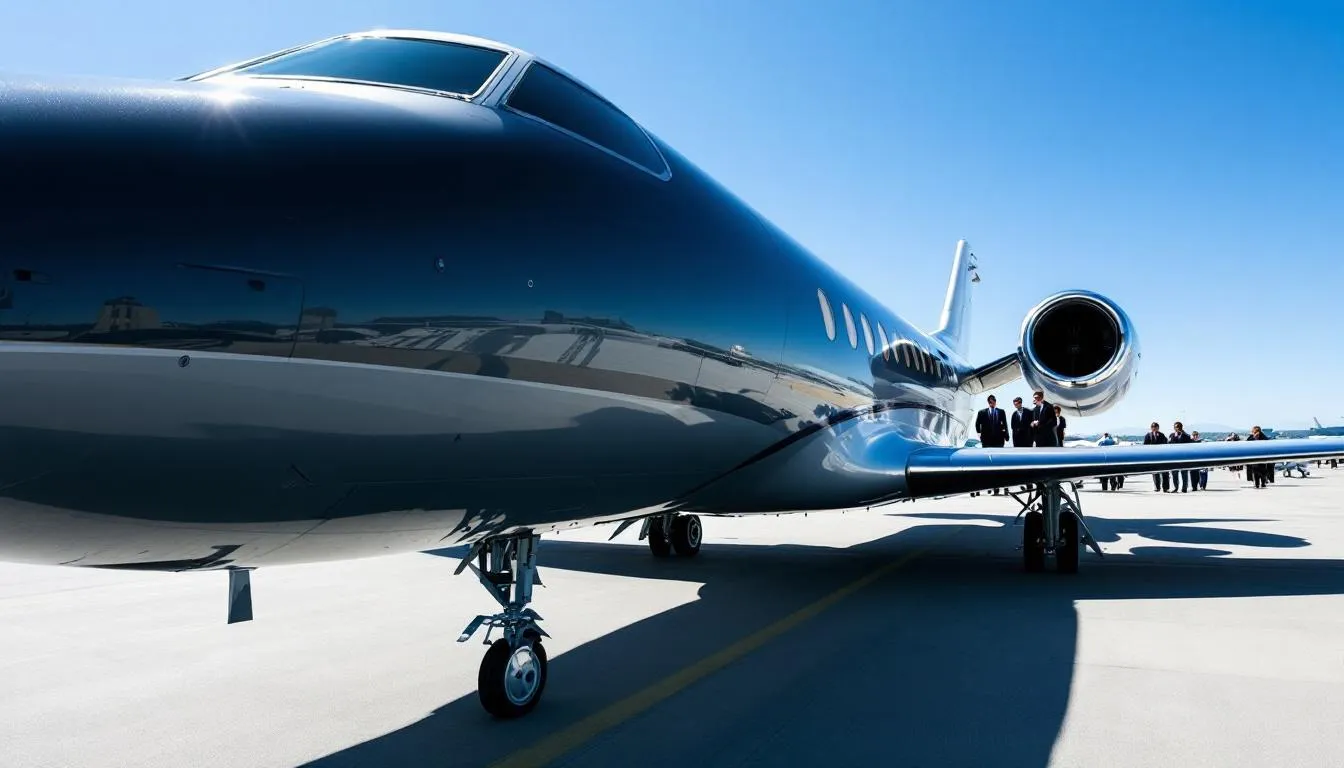 An elegant private jet is seen parked on a tarmac, symbolizing the convenience of aircraft charter services. This image represents the comfort and detail that clients can expect from dedicated aircraft management teams, ready to accommodate their travel needs across South America.