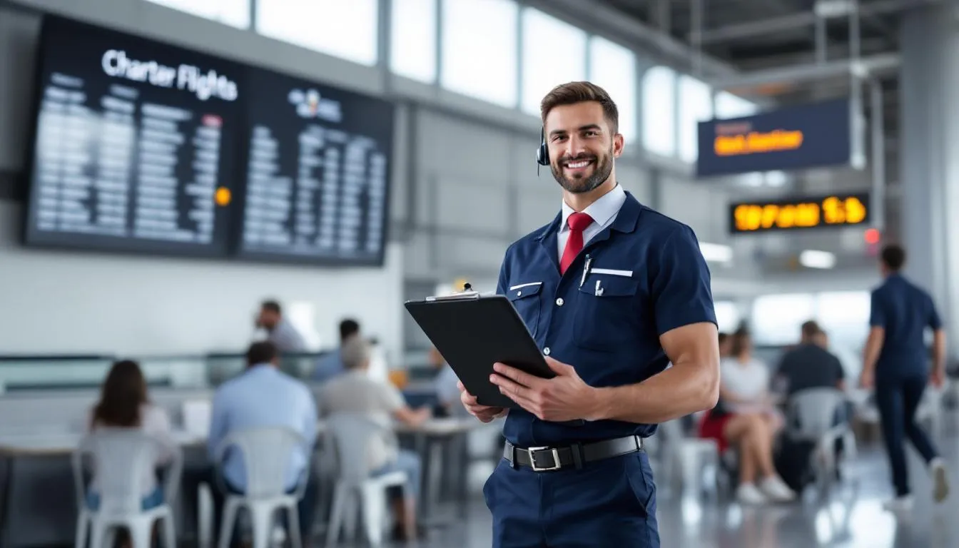 The image depicts a charter flight operator's office, showcasing a modern and sleek environment where clients can inquire about private jet charters and charter flights. The office features a reception area with promotional materials about charter services and private aviation options, highlighting the benefits of flying privately and the booking process for tailored air travel experiences.