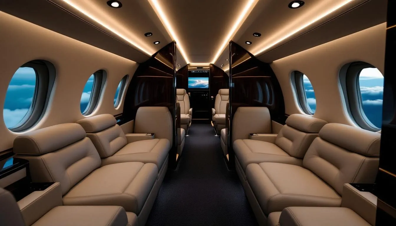 A sleek private jet sits on the tarmac at Indira Gandhi International Airport in New Delhi, ready for passengers to embark on their luxurious journey. The aircraft features spacious cabins with reclining seats, emphasizing the convenience and comfort of private jet travel compared to commercial flights.