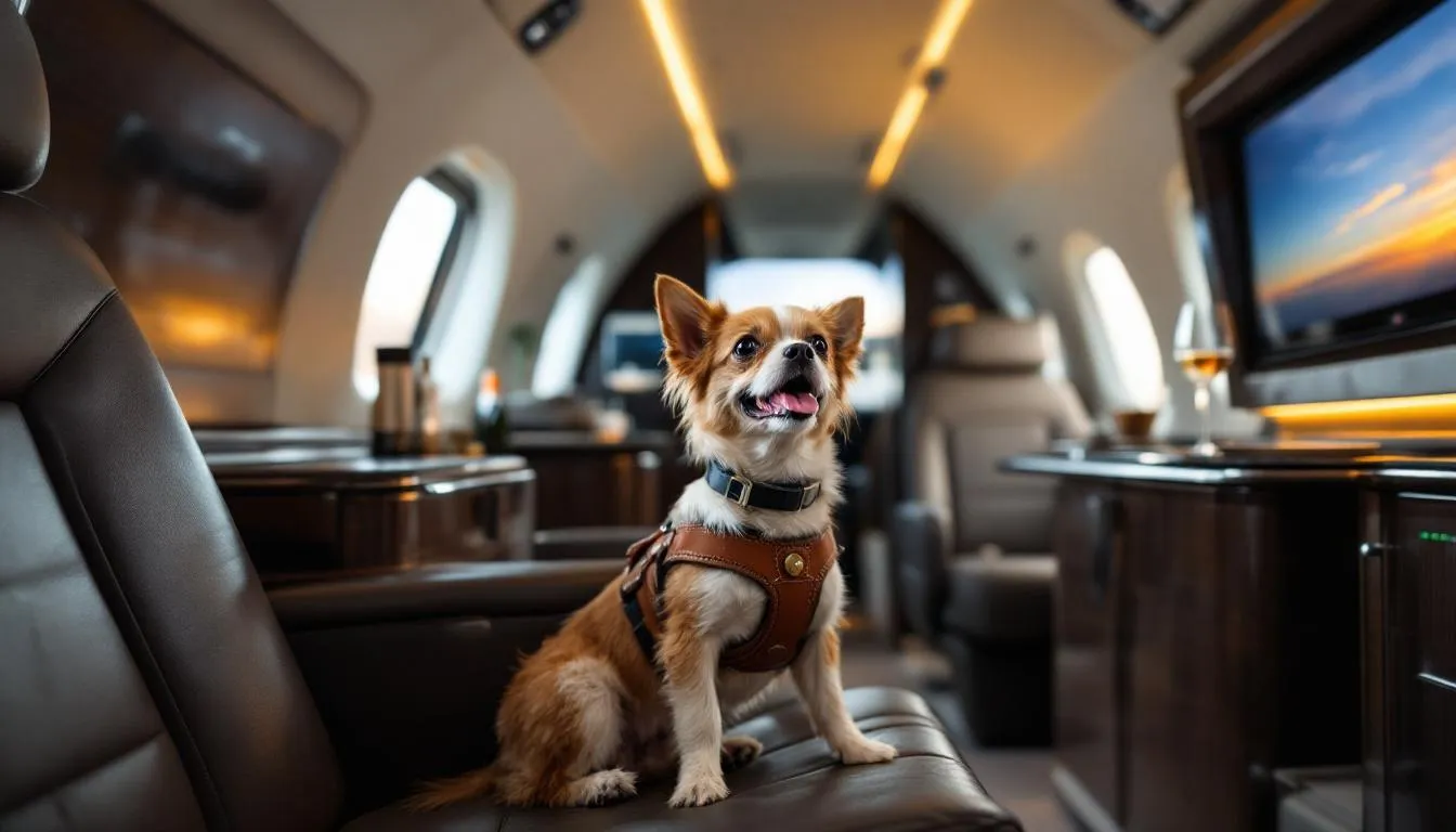 A pet comfortably relaxes in a luxurious private jet, showcasing the spacious cabin equipped with reclining seats, as it embarks on a private jet flight from Indira Gandhi International Airport in New Delhi. The image captures the essence of private jet travel, highlighting the convenience and comfort offered to both passengers and their furry companions during the journey.
