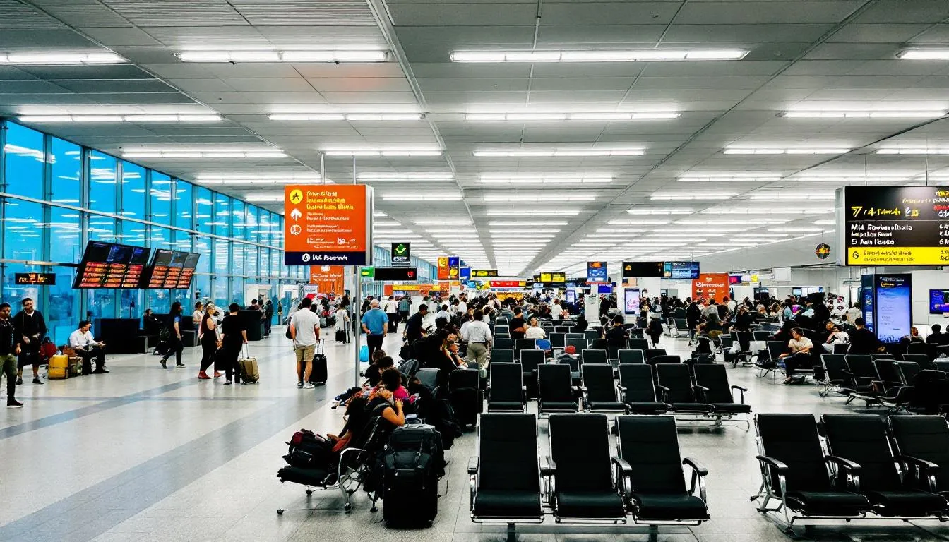 The image depicts Miami International Airport (MIA), showcasing its modern architecture and bustling atmosphere, with travelers arriving and departing for various popular destinations, including Cancun. The scene highlights the airport's role in providing nonstop and direct flights, as well as the various airlines, such as American Airlines and JetBlue, that operate from this busy hub.