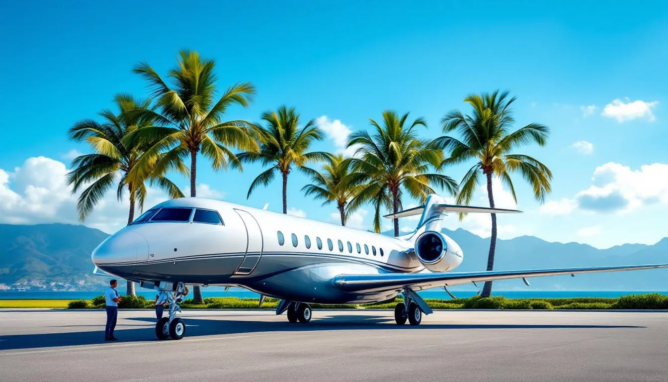 A luxurious private jet is preparing for takeoff to Puerto Vallarta, Mexico, showcasing its sleek design and modern amenities. The scene captures the essence of private jet charters, offering exclusive travel to this beautiful coastal city known for its stunning beaches and vibrant resort town atmosphere.