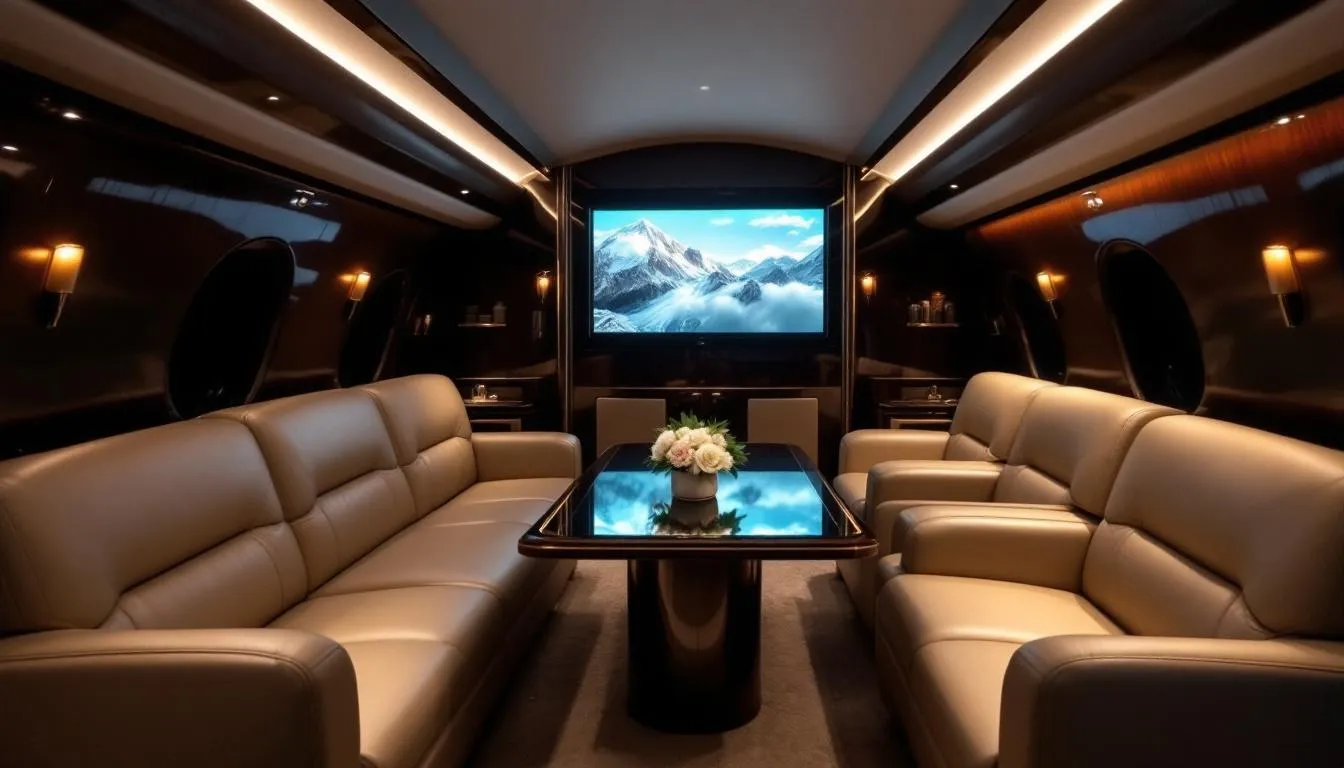 Inside Michael Jordan's private jet, the luxurious interior features plush seating and a fully stocked bar, reflecting the NBA legend's extravagant lifestyle. The custom paint job and sleek design of Jordan's Gulfstream highlight his iconic status, making it a perfect aircraft for flying to destinations like West Palm Beach.