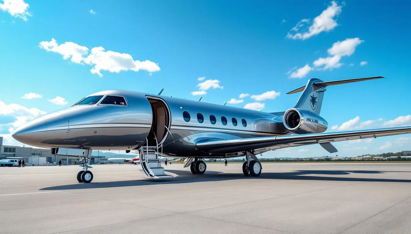 An image showcasing a luxurious private jet, specifically Michael Jordan's Gulfstream, featuring a custom paint job and the tail number visible. The aircraft is parked at Talladega Municipal Airport, highlighting its sleek design and luxury amenities, perfect for the NBA legend's travels.
