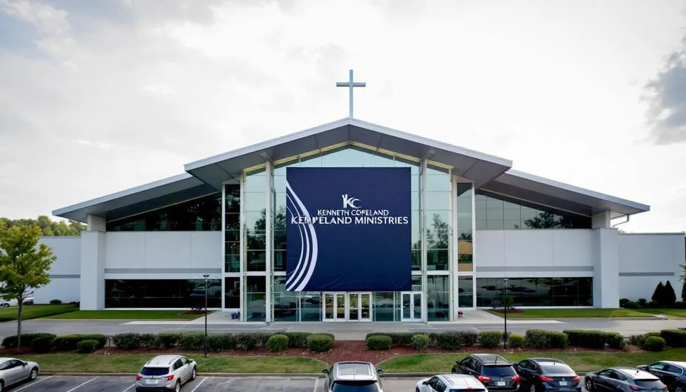 The image depicts Kenneth Copeland Ministries, highlighting its legacy and future, with a focus on the Copeland family and their contributions to faith and community through Eagle Mountain International Church in Fort Worth, Texas. It also subtly showcases the luxurious lifestyle associated with the ministry, including private jets used for personal vacations and church-related travel, while emphasizing their mission of believing God and spreading the gospel to millions of followers.